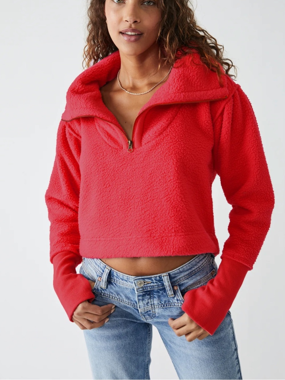 Free People Poppy Quarter Zip Pullover Faux Sherpa Sweater Size Medium Red